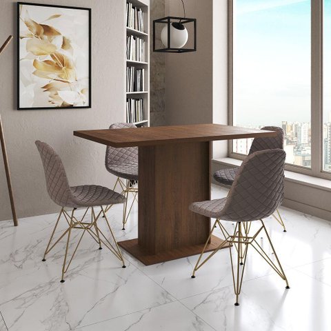 Mesa Jantar Londres Tampo Amêndoa 120cm 4 Cadeiras Base Dourado Estofado Nude Médio