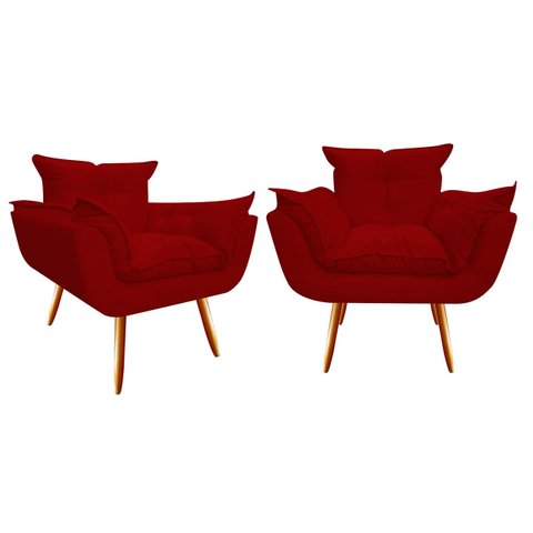 Kit 2 Poltronas Decorativa Opala Suede Vermelho Pés Madeira Ms Decor