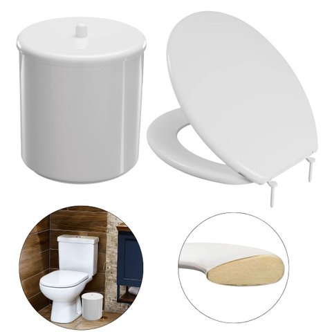 Assento Vaso Sanitário Almofadado Slim Branco + Lixeira Branca 6l Redondo com Tampa