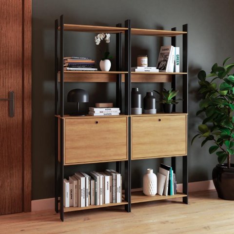 Kit 2 Estantes para Livros 2 Portas 10 Prateleiras Estilo Industrial Lâmina Mel/Preto - BRV Móveis