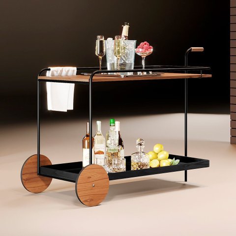 Carrinho Bar Agnes com Rodízios e Prateleiras Mel Estrutura Metálica Preto