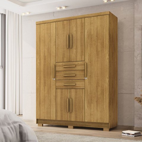 Guarda Roupa Casal Belga 6 Portas de Bater 3 Gavetas com Cabideiros Nature G98 - Gran Belo