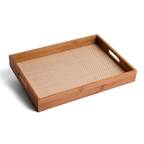 Bandeja Retangular de Bambu 39cm com Alça Palha Xadrez Multiuso - Oikos