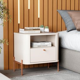 Mesa de Cabeceira para Quarto com Pém em Aço 1 Gaveta - Off White Bronze - 4