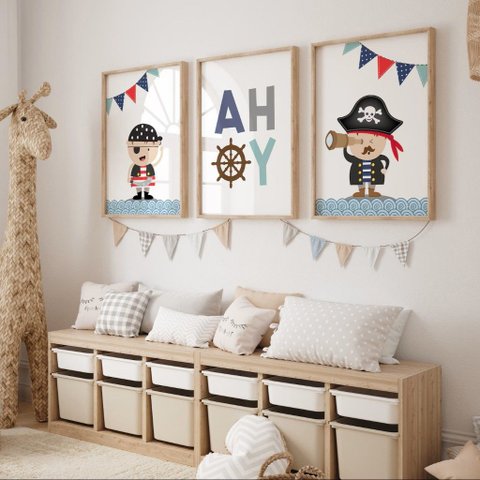 Kit 3 Quadros Decorativos Infantil | Fundo do Mar - Mini Capitão NO2 - 30x40 - Moldura Madeira