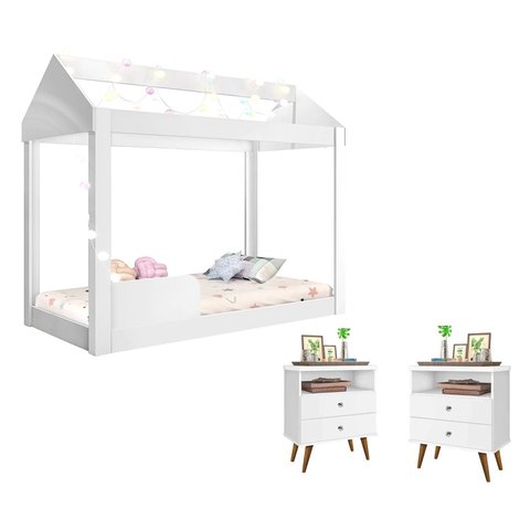 Quarto Infantil Completo com Mesa de Cabeceira e Cama Montessoriana Crystal Branco - Rede Móveis