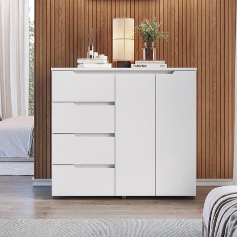 Cômoda Grande 119x130 cm 4 Gavetas 2 Portas Riviera Branco 100% MDF Casamia