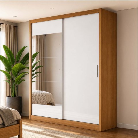 Guarda-Roupa 100% MDF 2 Portas de Correr 2 Gavetas com Espelho 131x213x55cm Cinamomo/Branco