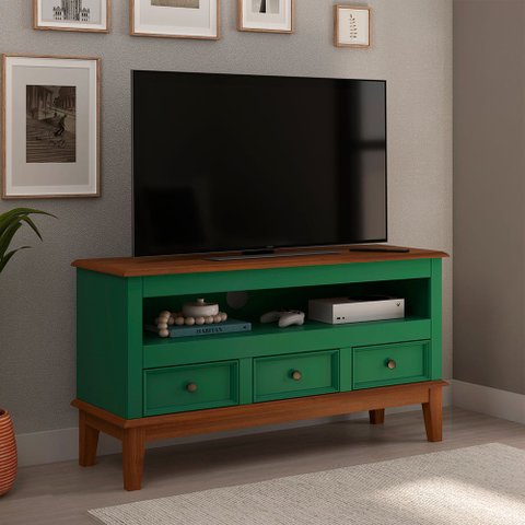 Rack para TV 43 Polegadas Madeira Maciça 3 Gavetas Rústico 113,8cm Verde - Apaixone & Decore
