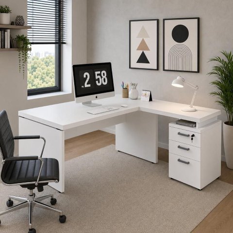 Mesa em L com Gaveteiro Mesa em L 150cm x 160cm 3 Gavetas Branco F5 Office