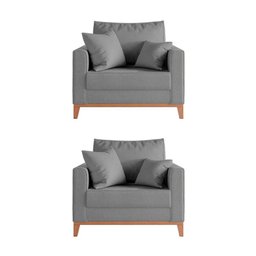 Kit 2 Poltronas Beny Decorativa com 2 Almofadas Linho Cinza Base em Madeira Maciça - 1