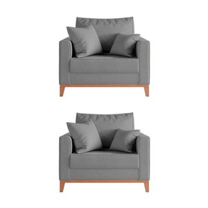 Kit 2 Poltronas Beny Decorativa com 2 Almofadas Linho Cinza Base em Madeira Maciça