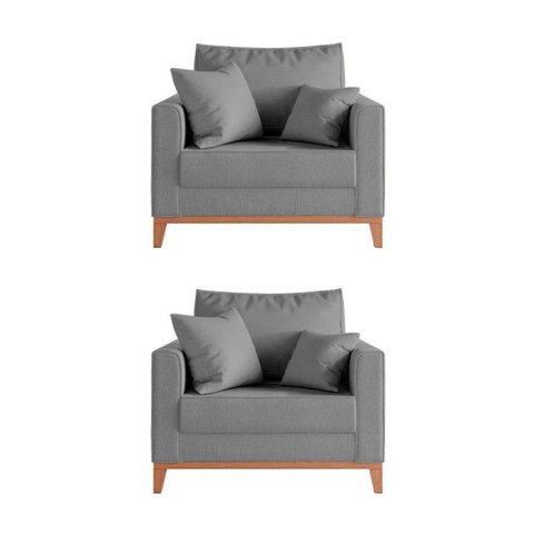 Kit 2 Poltronas Beny Decorativa com 2 Almofadas Linho Cinza Base em Madeira Maciça