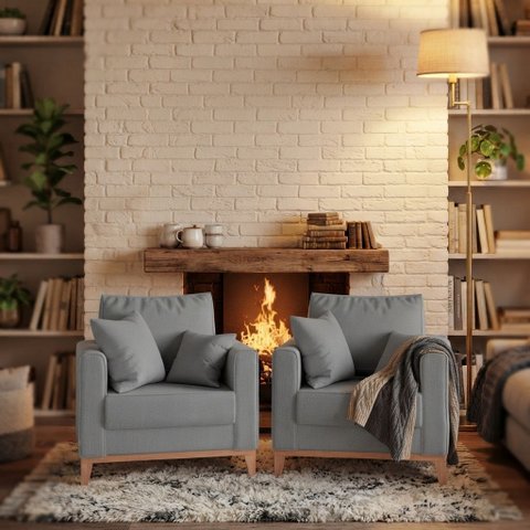 Kit 2 Poltronas Beny Decorativa com 2 Almofadas Linho Cinza Base em Madeira Maciça