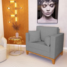 Kit 2 Poltronas Beny Decorativa com 2 Almofadas Linho Cinza Base em Madeira Maciça - 2