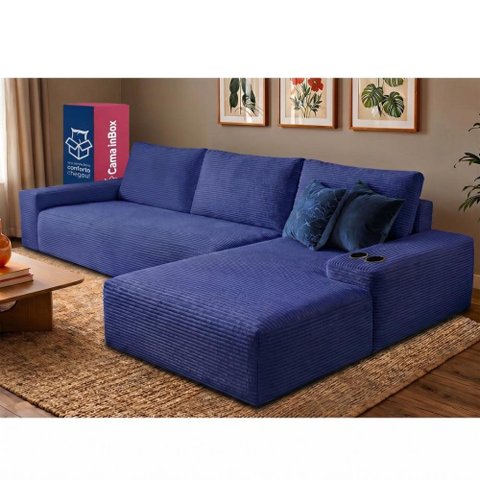 Sofá Evo 2,70m Molas Ensacadas com Chaise Lounge Direita Velourê Azul Cama Inbox