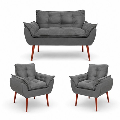Kit Namoradeira + 02 Poltronas Opala Pés Palito Suede Cinza Escuro