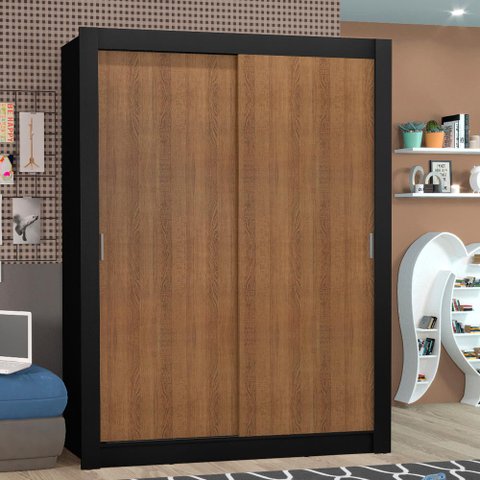 Guarda-Roupa Solteiro Madesa Denver 2 Portas de Correr Preto/Rustic Cor:Preto/Rustic