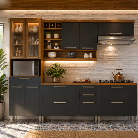 Cozinha Completa Modulada 5 Peças 100% MDF Burguesa Marrom/Grafite - Nesher