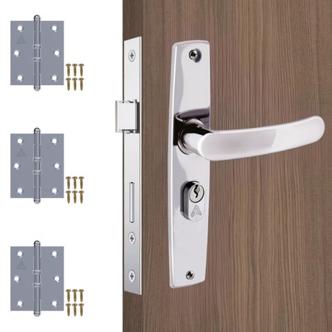 Fechadura para Porta Externa Aço Inox Polido Cromado + Dobradiças Aço Zincado Pino Bola