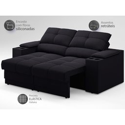Sofá com Porta Copos e Carregador USB Retrátil e Reclinável Ringo 1,70m Velosuede Preto - - 4