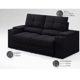 Sofá com Porta Copos e Carregador USB Retrátil e Reclinável Ringo 1,70m Velosuede Preto - - 2