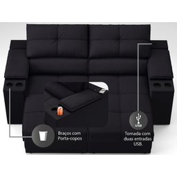 Sofá com Porta Copos e Carregador USB Retrátil e Reclinável Ringo 1,70m Velosuede Preto - - 6