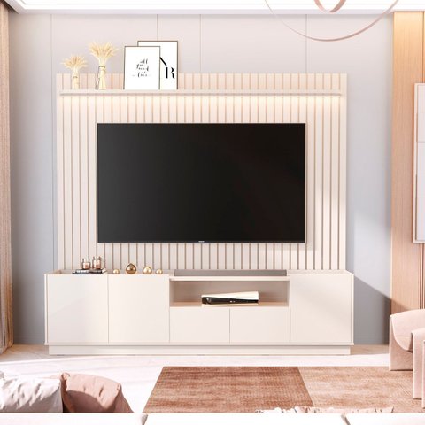 Rack com Painel para TV até 84 Polegadas Ripado com Iluminação 100% MDF 219CMX233CM Vitoria Regia Yescasa Off White
