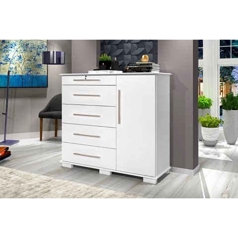 Cômoda Det 1 Porta + 5 Gavetas Sendo 1 com Chave e Porta com Prateleira Interna Cor Branco Ja