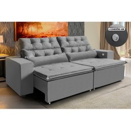 Sofá 4 Lugares América Retrátil, Reclinável 2,52 Metros com Carregador 3 Portas USB e 2 Puffs Cinza - 2