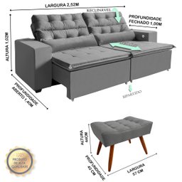 Sofá 4 Lugares América Retrátil, Reclinável 2,52 Metros com Carregador 3 Portas USB e 2 Puffs Cinza - 5