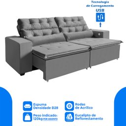 Sofá 4 Lugares América Retrátil, Reclinável 2,52 Metros com Carregador 3 Portas USB e 2 Puffs Cinza - 4