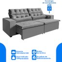 Ver imagem 4 de Sofá 4 Lugares América Retrátil, Reclinável 2,52 Metros com Carregador 3 Portas USB e 2 Puffs Cinza