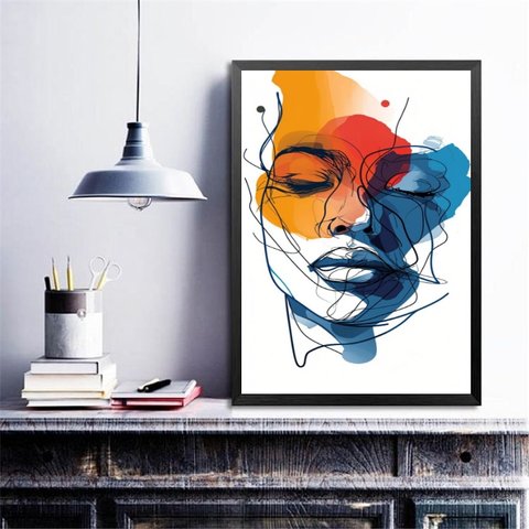 Quadro Decorativo Abstrato Rosto Mulher 24x18cm - com Vidro:moldura Preta