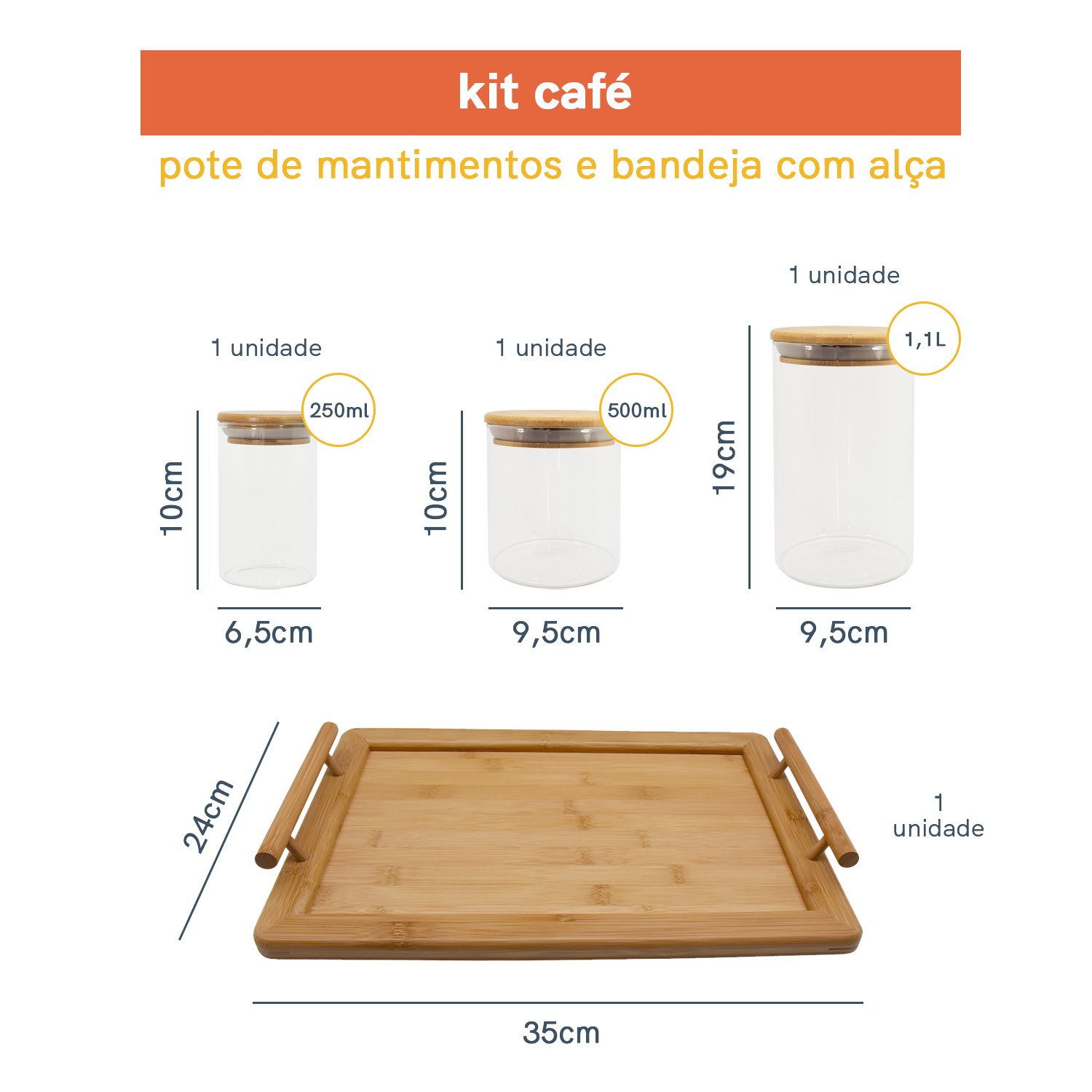 KIT CAFÉ 4PÇS BANDEJA E POTES MANTIMENTO RED 250/500/1100ML - 3