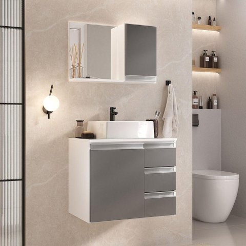 Conjunto Gabinete Banheiro Prisma 60cm Gabinete + Cuba + Espelheira com Vidro Branco Cinza