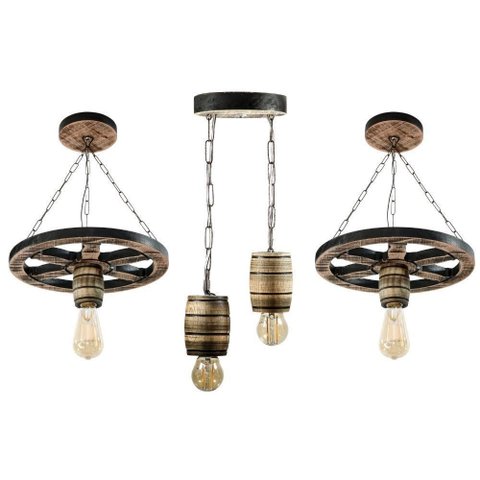 Kit Luminárias em Madeira Maciça – 1 Pendente Barril + 2 Pendentes Roda de Carroça - Rústico