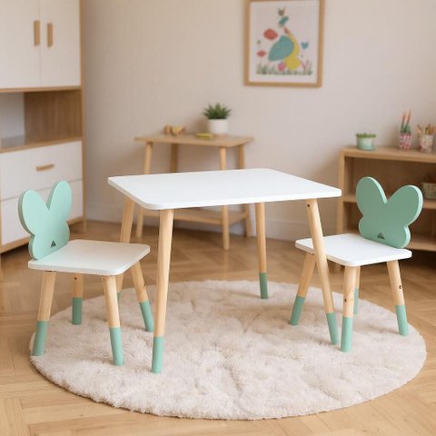 Mesa e 2 Cadeiras Infantil Borboletinha Kit Livro Educativo em Madeira - Verde Claro