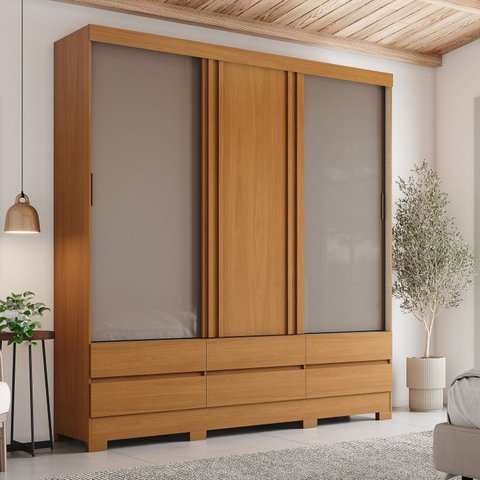 Guarda-Roupa Casal 03 Portas Deslizantes Flex com Ripado Reno Marrom/Cinamomo/Off White/Avelã