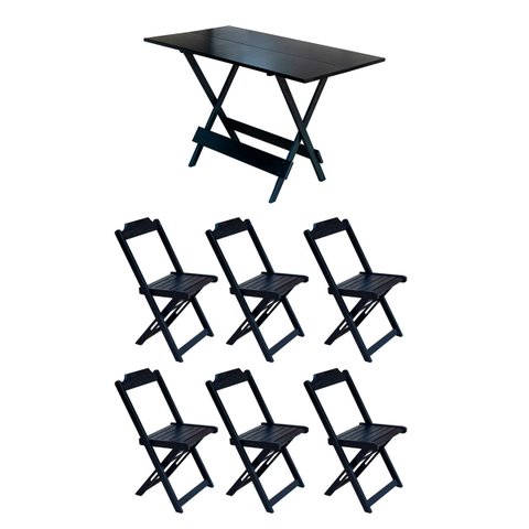 Conjunto Mesa de Madeira Dobrável 1,20x70 Preto 6 Cadeiras
