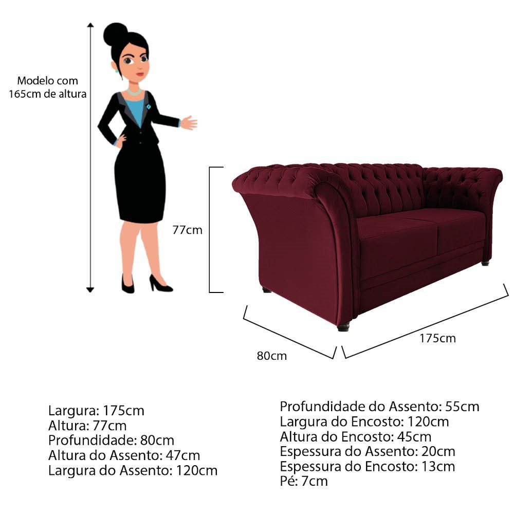 Kit Poltrona e Namoradeira Chesterfield Sofia Suede Bordô - Amarena Móveis - 7