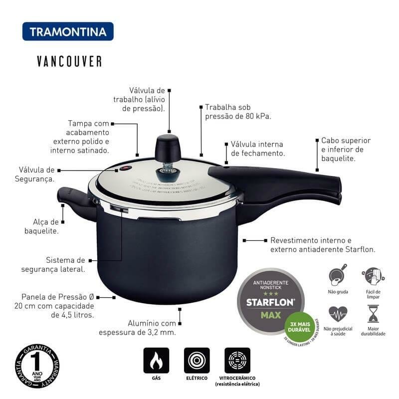 Panela de Pressão 4,5 L Vermelho Vancouver Antiaderente Starflon Tampa Polida – Tramontina - 7