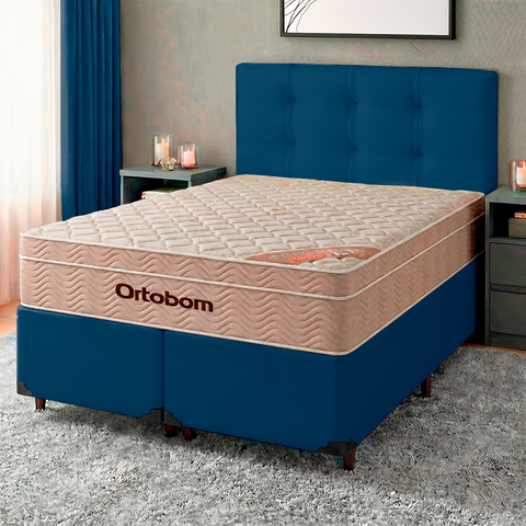 Cama + Box Azul e Colchão Ortobom Molas Ensacadas Queen - Airtech + Cabeceira