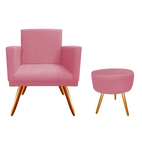 Kit Poltrona Decorativa Bia + Puff Redondo Suede Rosa Pés Madeira Ms Decor