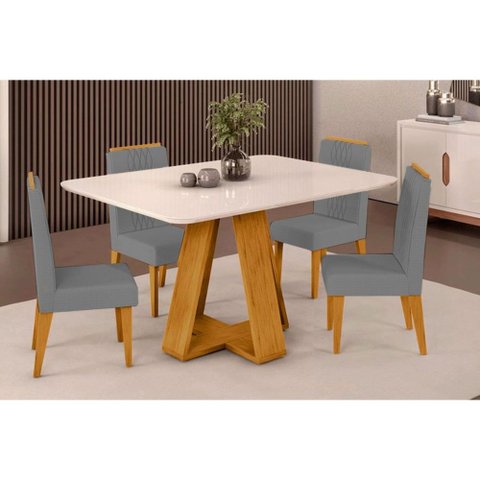 Sala de Jantar Completa Celeste Tampo Madeirado C/ Vidro Curvo 120x90cm e 4 Cadeiras Lia Cedro/off