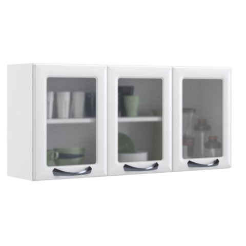 Armário de Cozinha Aéreo Itatiaia Aço 3 Portas Com Vidro New Premium Branco Neve
