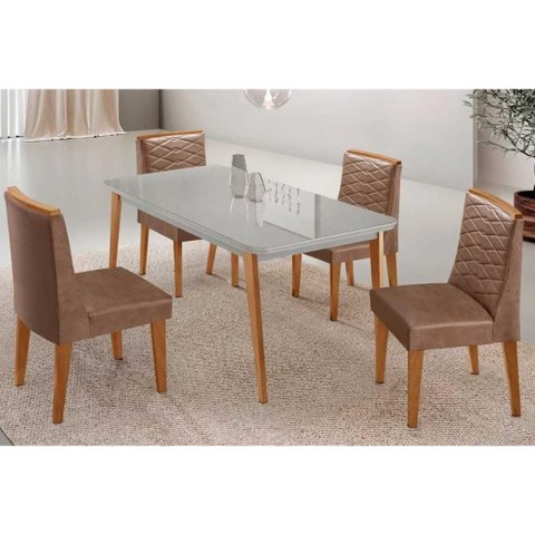 Conjunto: Mesa de Cozinha Havana Curvo 120cm + 4 Cadeiras Maldivas Naturale/Off White - Capuccino/