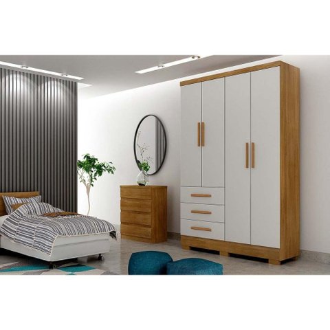 Guarda Roupa Solteiro Encant 4 Portas 3 Gavetas c/Espelho e Pés Freijo Cumaru c/ Fendi - Novo
