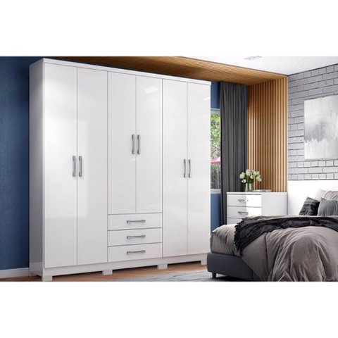 Guarda Roupa Casal 6 Portas e 3 Gavetas C/ Pés Caju Da136 Branco - Henn