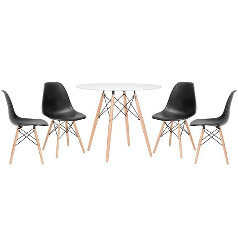 Conjunto de Mesa Redonda Eames 90cm Branco + 4 Cadeiras Eiffel Dsw Preto